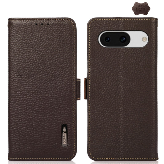 For Google Pixel 8a KHAZNEH Side-Magnetic Litchi Genuine Leather RFID Phone Case(Brown) - Google Cases by buy2fix | Online Shopping UK | buy2fix
