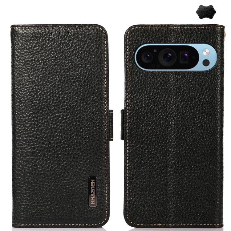 For Google Pixel 9 KHAZNEH Side-Magnetic Litchi Genuine Leather RFID Phone Case(Black) by buy2fix