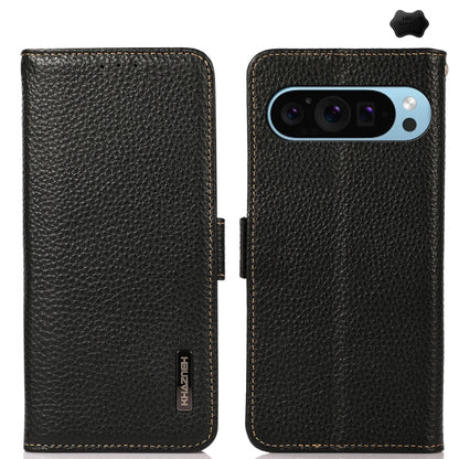 For Google Pixel 9 KHAZNEH Side-Magnetic Litchi Genuine Leather RFID Phone Case(Black) by buy2fix