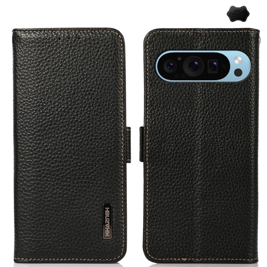 For Google Pixel 9 KHAZNEH Side-Magnetic Litchi Genuine Leather RFID Phone Case(Black) by buy2fix
