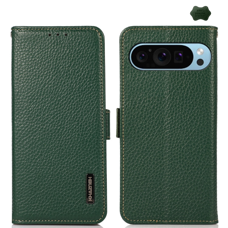 For Google Pixel 9 KHAZNEH Side-Magnetic Litchi Genuine Leather RFID Phone Case(Green) by buy2fix