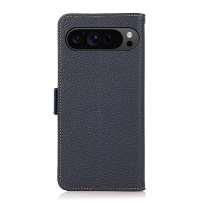 For Google Pixel 9 Pro KHAZNEH Side-Magnetic Litchi Genuine Leather RFID Phone Case(Blue) by buy2fix