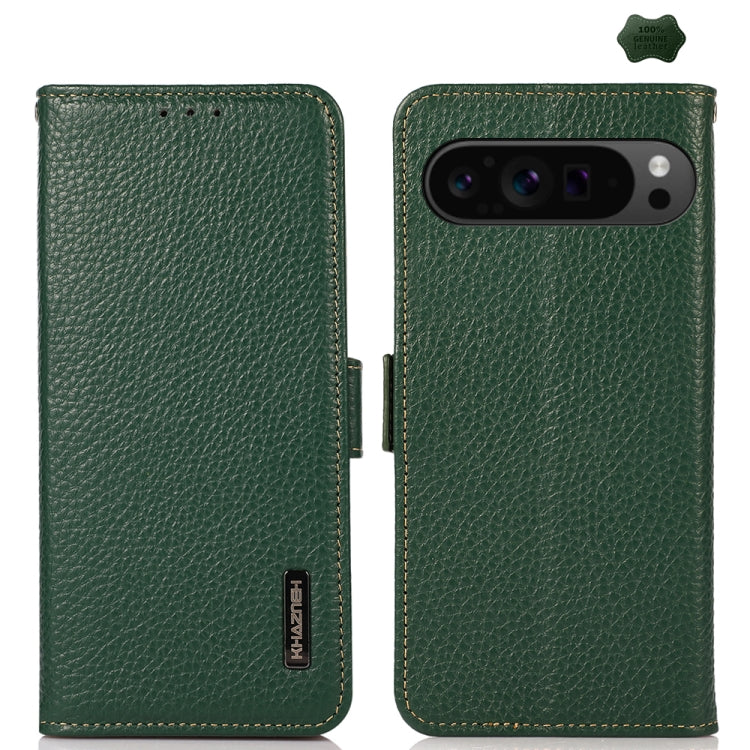 For Google Pixel 9 Pro KHAZNEH Side-Magnetic Litchi Genuine Leather RFID Phone Case(Green) by buy2fix