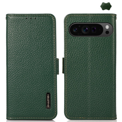 For Google Pixel 9 Pro KHAZNEH Side-Magnetic Litchi Genuine Leather RFID Phone Case(Green) by buy2fix