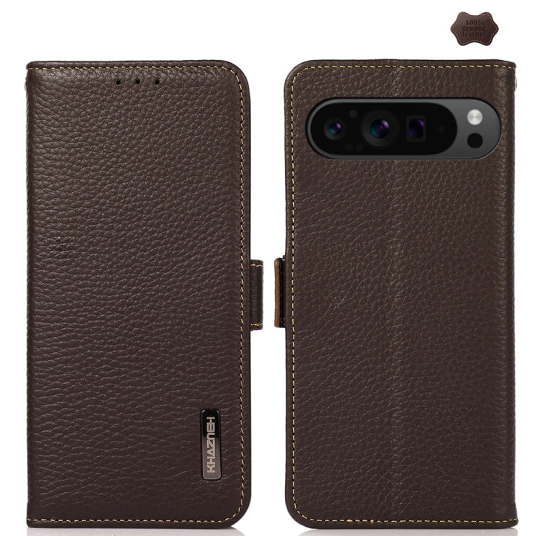 For Google Pixel 9 Pro KHAZNEH Side-Magnetic Litchi Genuine Leather RFID Phone Case(Brown) by buy2fix