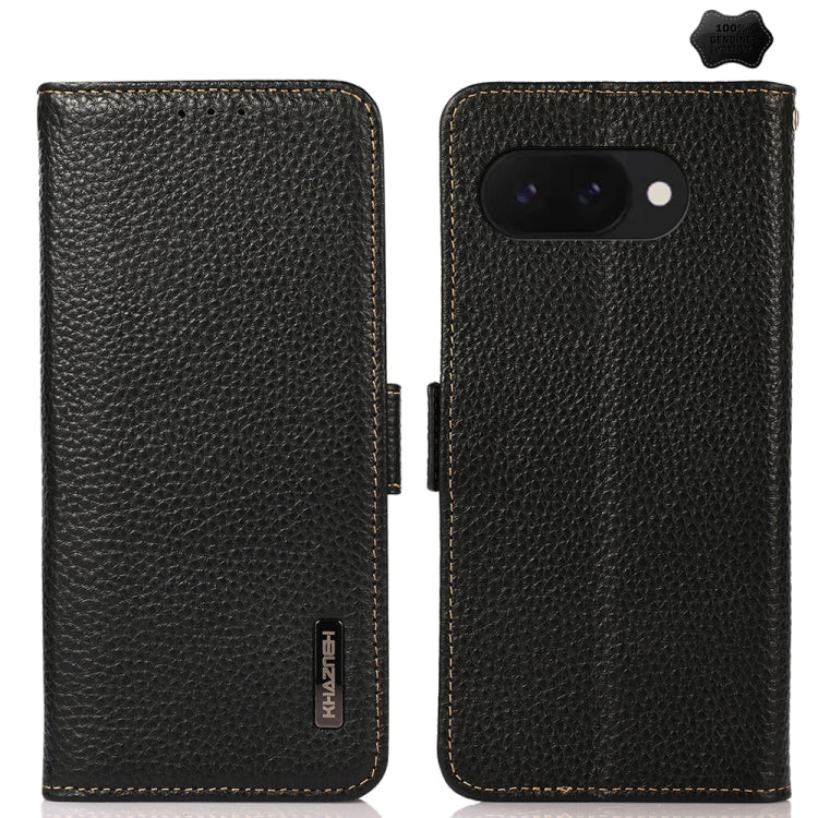 For Google Pixel 9a KHAZNEH Side-Magnetic Litchi Genuine Leather RFID Phone Case(Black) - Google Cases by buy2fix | Online Shopping UK | buy2fix