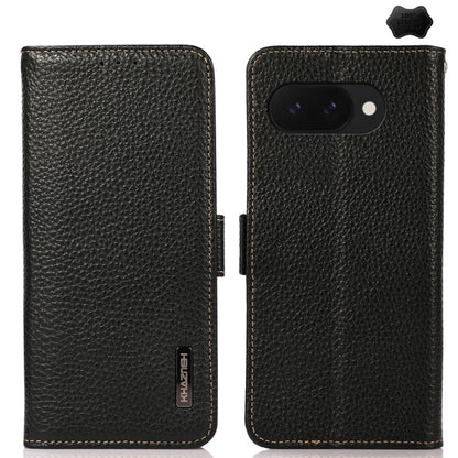 For Google Pixel 9a KHAZNEH Side-Magnetic Litchi Genuine Leather RFID Phone Case(Black) - Google Cases by buy2fix | Online Shopping UK | buy2fix