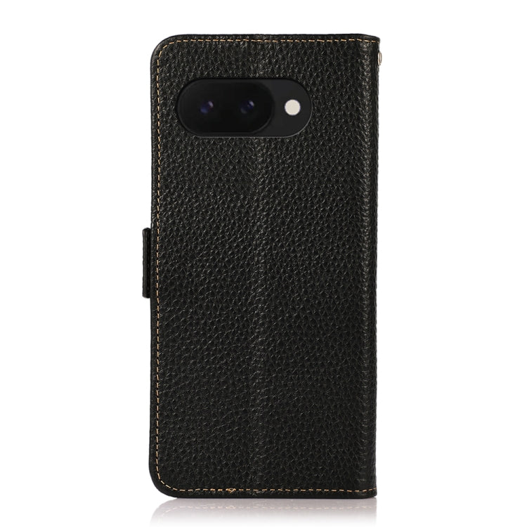 For Google Pixel 9a KHAZNEH Side-Magnetic Litchi Genuine Leather RFID Phone Case(Black) - Google Cases by buy2fix | Online Shopping UK | buy2fix