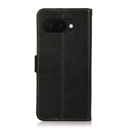 For Google Pixel 9a KHAZNEH Side-Magnetic Litchi Genuine Leather RFID Phone Case(Black) - Google Cases by buy2fix | Online Shopping UK | buy2fix