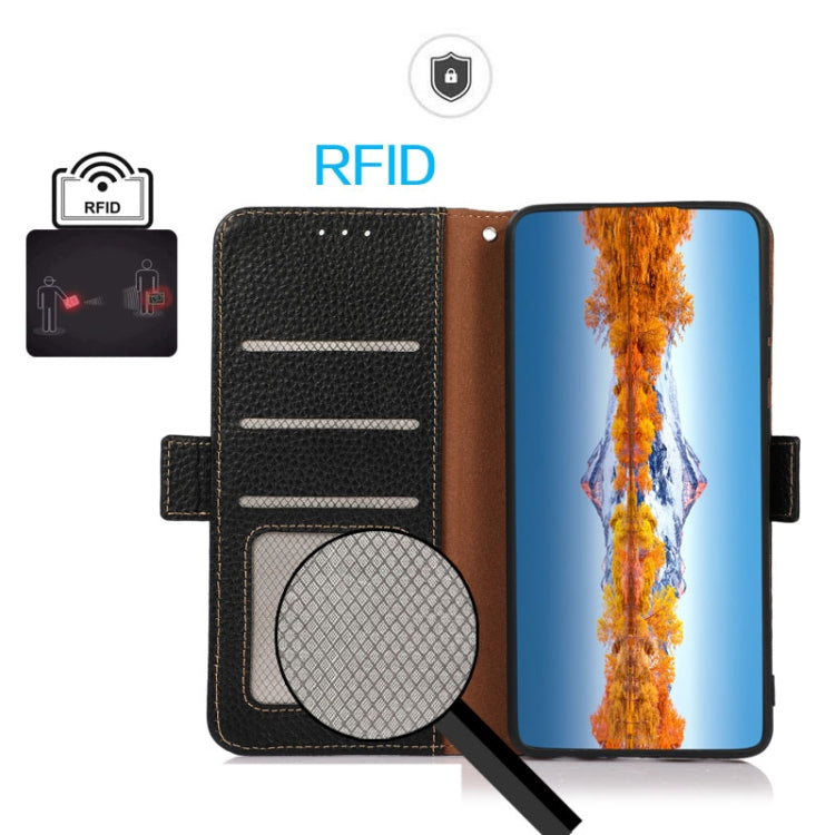 For Google Pixel 9a KHAZNEH Side-Magnetic Litchi Genuine Leather RFID Phone Case(Black) - Google Cases by buy2fix | Online Shopping UK | buy2fix