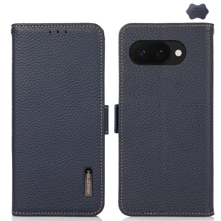 For Google Pixel 9a KHAZNEH Side-Magnetic Litchi Genuine Leather RFID Phone Case(Blue) - Google Cases by buy2fix | Online Shopping UK | buy2fix