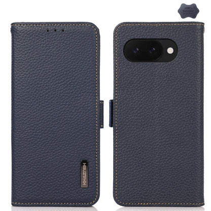 For Google Pixel 9a KHAZNEH Side-Magnetic Litchi Genuine Leather RFID Phone Case(Blue) - Google Cases by buy2fix | Online Shopping UK | buy2fix