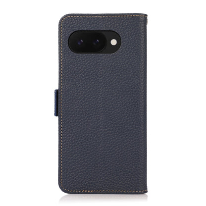 For Google Pixel 9a KHAZNEH Side-Magnetic Litchi Genuine Leather RFID Phone Case(Blue) - Google Cases by buy2fix | Online Shopping UK | buy2fix