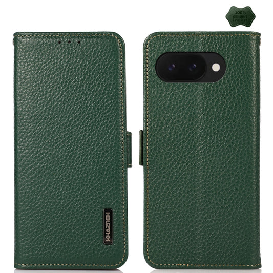 For Google Pixel 9a KHAZNEH Side-Magnetic Litchi Genuine Leather RFID Phone Case(Green) - Google Cases by buy2fix | Online Shopping UK | buy2fix