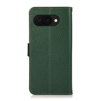For Google Pixel 9a KHAZNEH Side-Magnetic Litchi Genuine Leather RFID Phone Case(Green) - Google Cases by buy2fix | Online Shopping UK | buy2fix