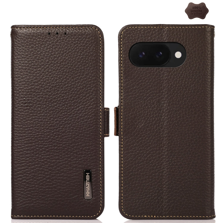 For Google Pixel 9a KHAZNEH Side-Magnetic Litchi Genuine Leather RFID Phone Case(Brown) - Google Cases by buy2fix | Online Shopping UK | buy2fix