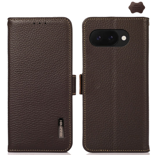 For Google Pixel 9a KHAZNEH Side-Magnetic Litchi Genuine Leather RFID Phone Case(Brown) - Google Cases by buy2fix | Online Shopping UK | buy2fix