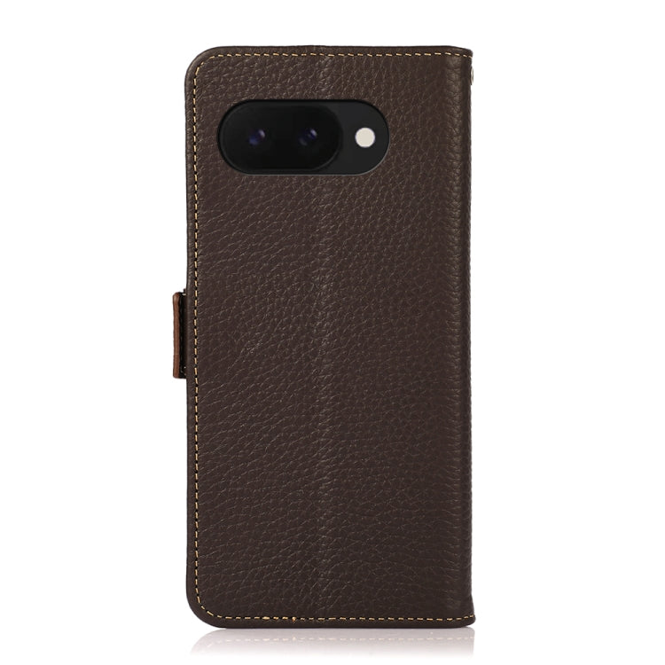 For Google Pixel 9a KHAZNEH Side-Magnetic Litchi Genuine Leather RFID Phone Case(Brown) - Google Cases by buy2fix | Online Shopping UK | buy2fix