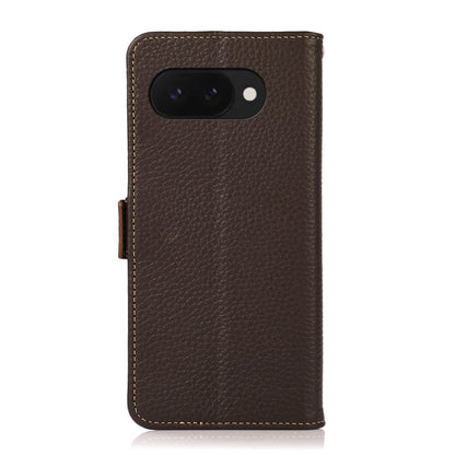 For Google Pixel 9a KHAZNEH Side-Magnetic Litchi Genuine Leather RFID Phone Case(Brown) - Google Cases by buy2fix | Online Shopping UK | buy2fix