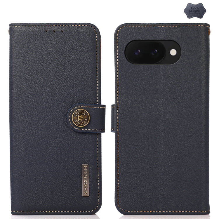 For Google Pixel 9a KHAZNEH Custer Genuine Leather RFID Phone Case(Blue) - Google Cases by buy2fix | Online Shopping UK | buy2fix