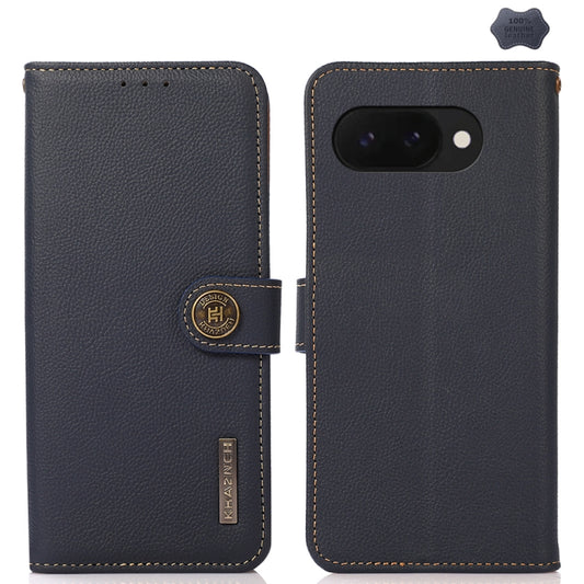 For Google Pixel 9a KHAZNEH Custer Genuine Leather RFID Phone Case(Blue) - Google Cases by buy2fix | Online Shopping UK | buy2fix