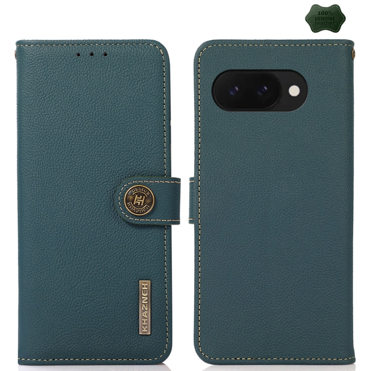 For Google Pixel 9a KHAZNEH Custer Genuine Leather RFID Phone Case(Green) - Google Cases by buy2fix | Online Shopping UK | buy2fix