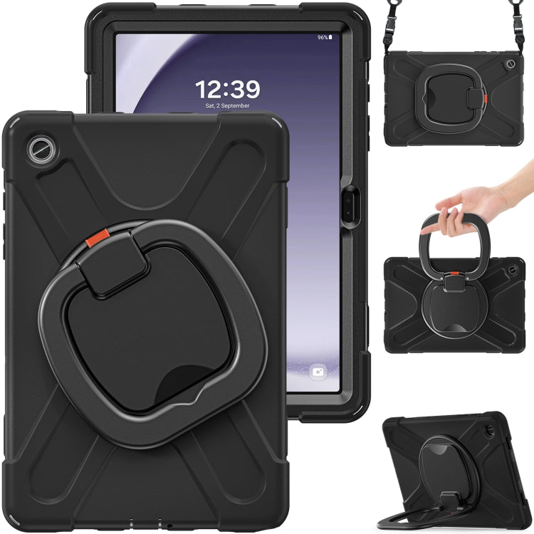 For Samsung Galaxy Tab A9+ Silicone Hybrid PC Tablet Case with Holder & Shoulder Strap(Black + Black) - Galaxy Tab A9+ by buy2fix | Online Shopping UK | buy2fix