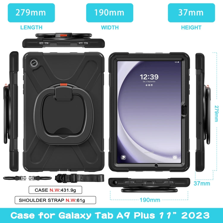For Samsung Galaxy Tab A9+ Silicone Hybrid PC Tablet Case with Holder & Shoulder Strap(Black + Black) - Galaxy Tab A9+ by buy2fix | Online Shopping UK | buy2fix
