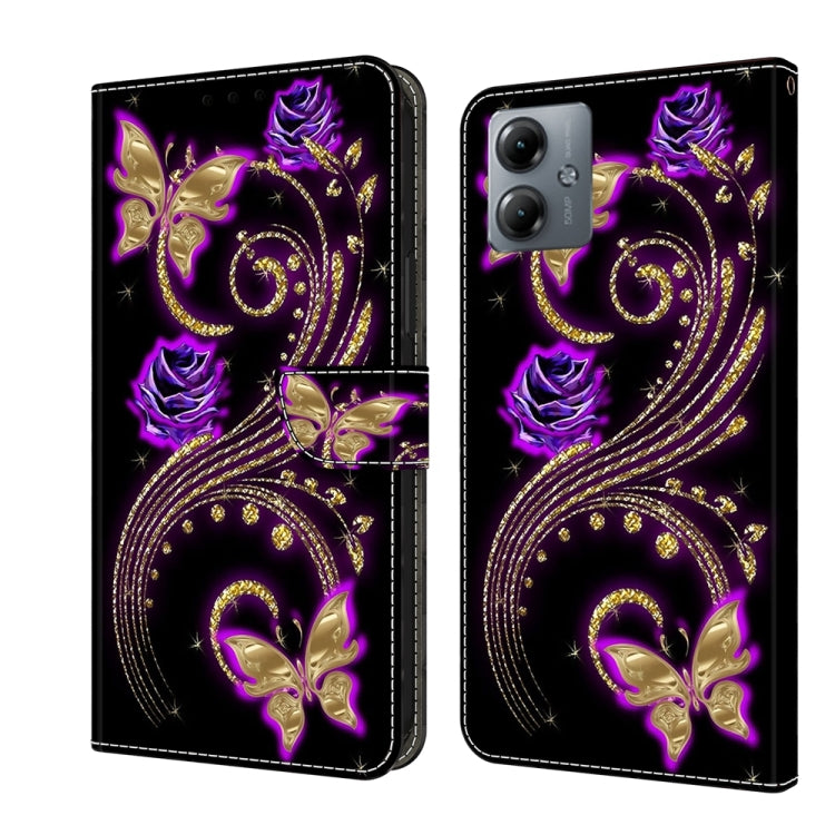 For Motorola Moto G14 Crystal 3D Shockproof Protective Leather Phone Case(Purple Flower Butterfly) by buy2fix