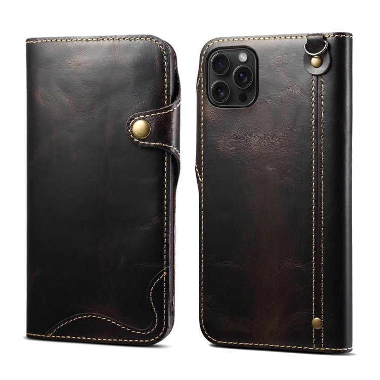 For iPhone 15 Pro Max Denior Oil Wax Cowhide Magnetic Button Genuine Leather Case(Black) by Denior