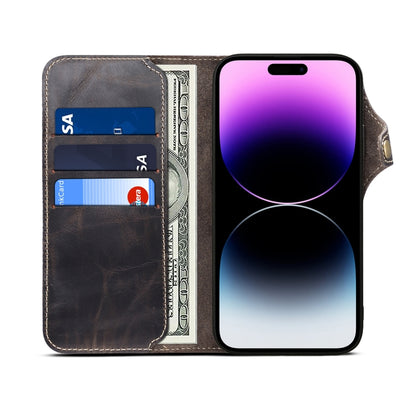 For iPhone 15 Pro Denior Oil Wax Cowhide Magnetic Button Genuine Leather Case(Black) - iPhone 15 Pro Cases by Denior | Online Shopping UK | buy2fix