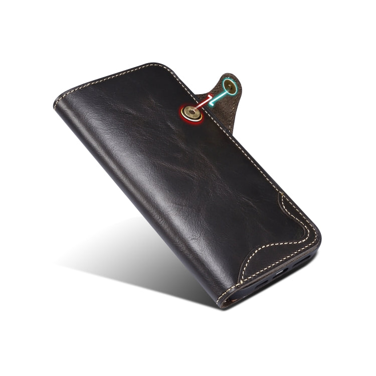 For iPhone 15 Pro Denior Oil Wax Cowhide Magnetic Button Genuine Leather Case(Black) - iPhone 15 Pro Cases by Denior | Online Shopping UK | buy2fix