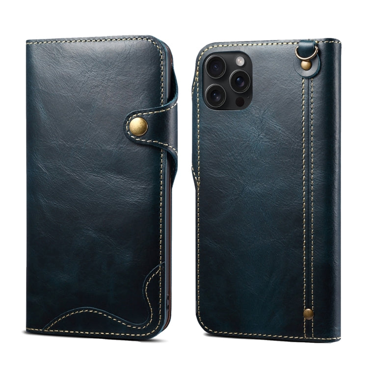 For iPhone 15 Pro Denior Oil Wax Cowhide Magnetic Button Genuine Leather Case(Dark Blue) - iPhone 15 Pro Cases by Denior | Online Shopping UK | buy2fix