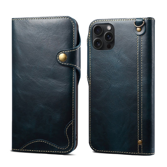 For iPhone 15 Pro Denior Oil Wax Cowhide Magnetic Button Genuine Leather Case(Dark Blue) - iPhone 15 Pro Cases by Denior | Online Shopping UK | buy2fix