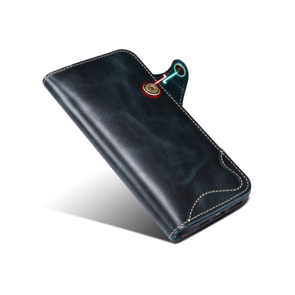 For iPhone 15 Pro Denior Oil Wax Cowhide Magnetic Button Genuine Leather Case(Dark Blue) - iPhone 15 Pro Cases by Denior | Online Shopping UK | buy2fix