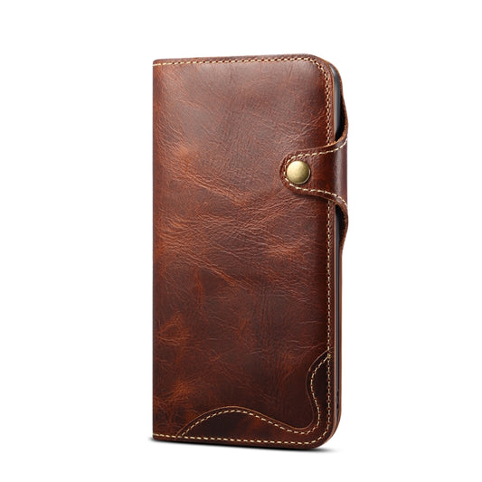 For iPhone 15 Pro Denior Oil Wax Cowhide Magnetic Button Genuine Leather Case(Brown) - iPhone 15 Pro Cases by Denior | Online Shopping UK | buy2fix