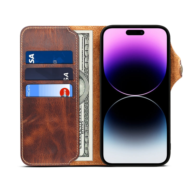 For iPhone 15 Pro Denior Oil Wax Cowhide Magnetic Button Genuine Leather Case(Brown) - iPhone 15 Pro Cases by Denior | Online Shopping UK | buy2fix