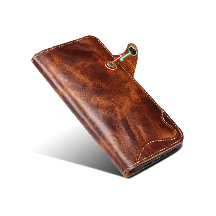For iPhone 15 Pro Denior Oil Wax Cowhide Magnetic Button Genuine Leather Case(Brown) - iPhone 15 Pro Cases by Denior | Online Shopping UK | buy2fix