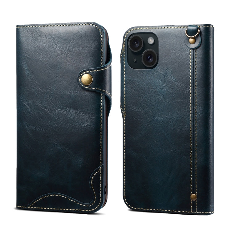For iPhone 15 Denior Oil Wax Cowhide Magnetic Button Genuine Leather Case(Dark Blue) - iPhone 15 Cases by Denior | Online Shopping UK | buy2fix