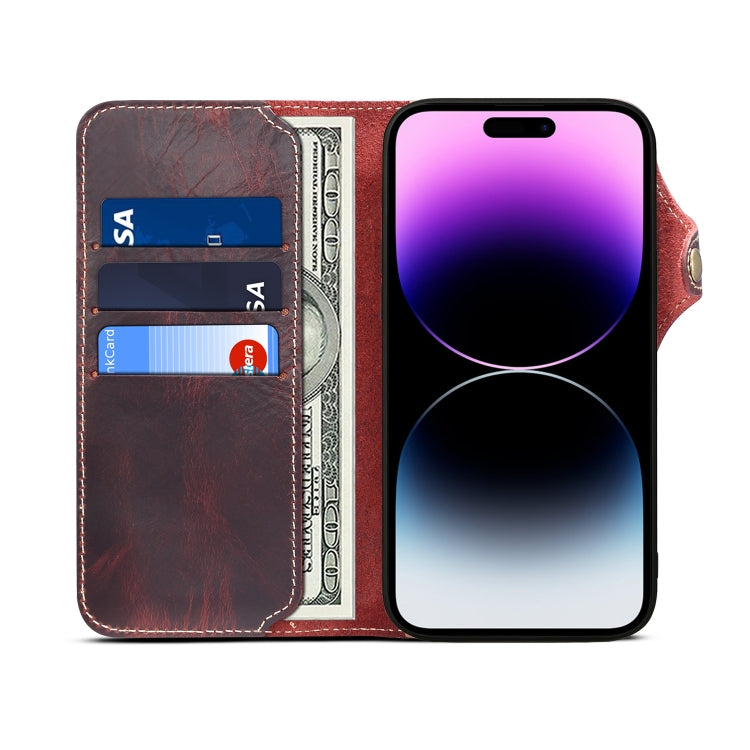 For iPhone 15 Denior Oil Wax Cowhide Magnetic Button Genuine Leather Case(Dark Red) - iPhone 15 Cases by Denior | Online Shopping UK | buy2fix