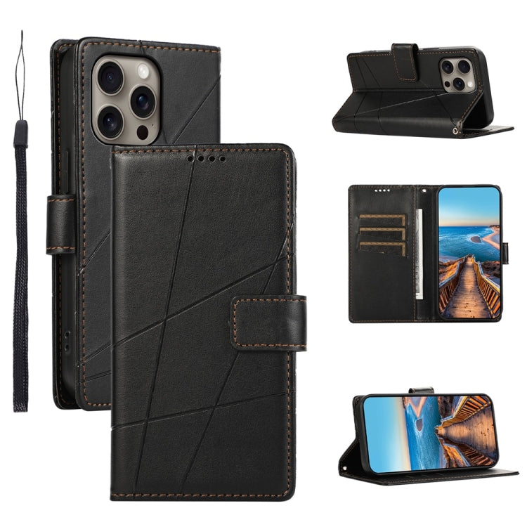 For iPhone 16 Pro Max PU Genuine Leather Texture Embossed Line Phone Case(Black) by buy2fix