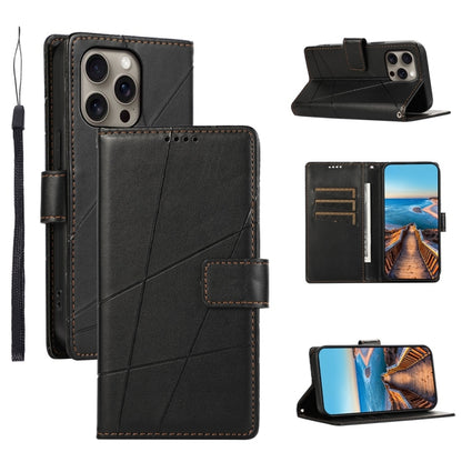 For iPhone 16 Pro Max PU Genuine Leather Texture Embossed Line Phone Case(Black) by buy2fix