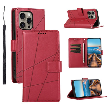 For iPhone 16 Pro Max PU Genuine Leather Texture Embossed Line Phone Case(Red) by buy2fix