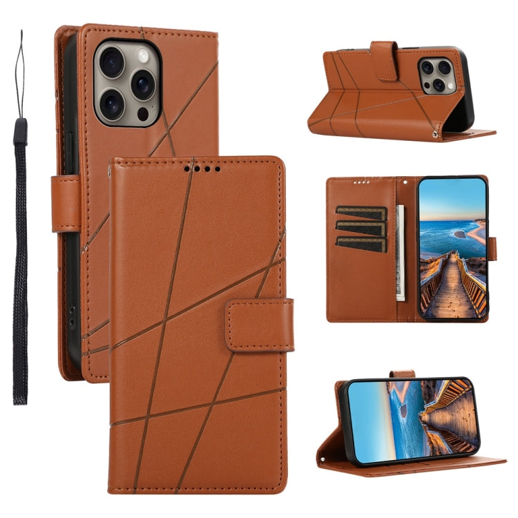 For iPhone 16 Pro Max PU Genuine Leather Texture Embossed Line Phone Case(Brown) by buy2fix