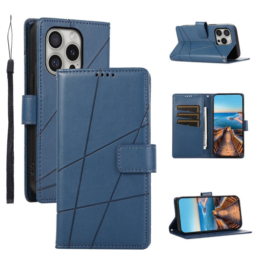 For iPhone 16 Pro PU Genuine Leather Texture Embossed Line Phone Case(Blue) by buy2fix