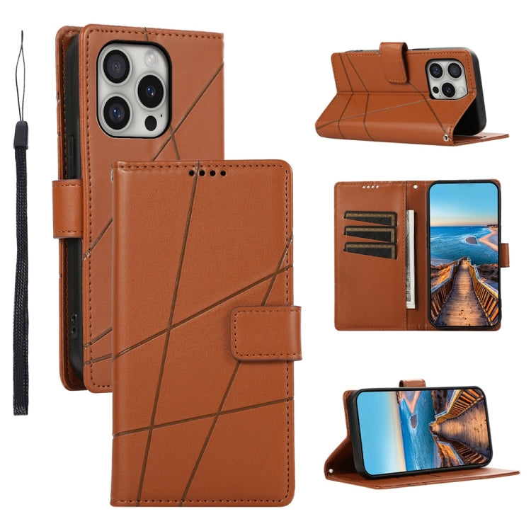 For iPhone 16 Pro PU Genuine Leather Texture Embossed Line Phone Case(Brown) by buy2fix