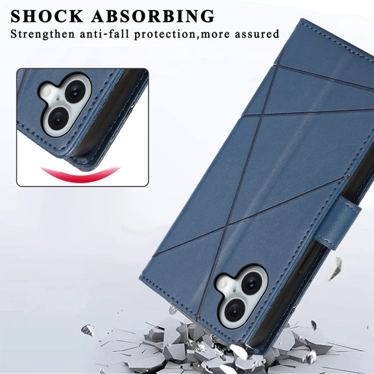For iPhone 16 Plus PU Genuine Leather Texture Embossed Line Phone Case(Blue) - iPhone 16 Plus Cases by buy2fix | Online Shopping UK | buy2fix