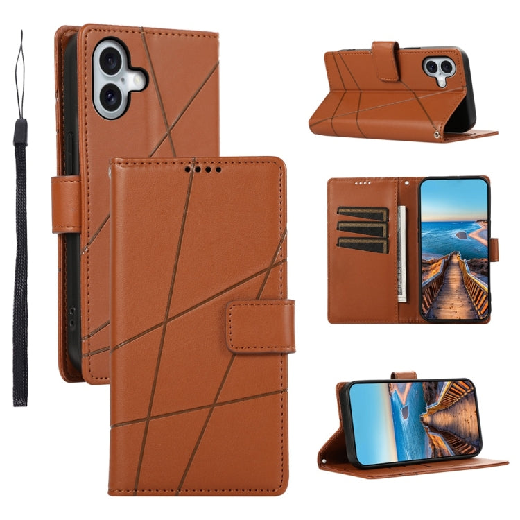 For iPhone 16 Plus PU Genuine Leather Texture Embossed Line Phone Case(Brown) - iPhone 16 Plus Cases by buy2fix | Online Shopping UK | buy2fix