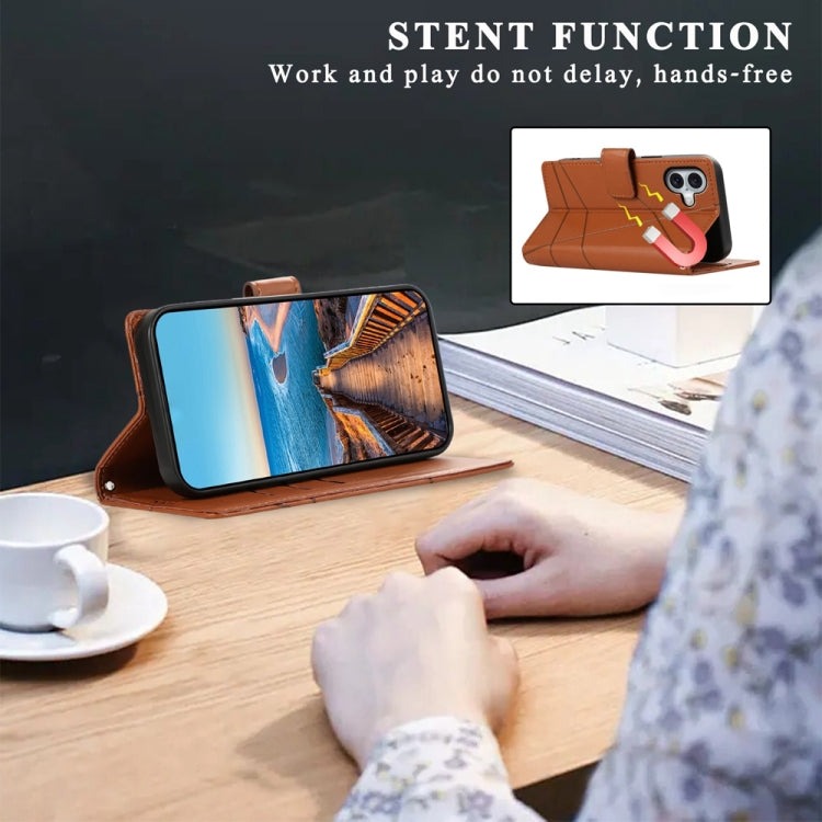 For iPhone 16 Plus PU Genuine Leather Texture Embossed Line Phone Case(Brown) - iPhone 16 Plus Cases by buy2fix | Online Shopping UK | buy2fix