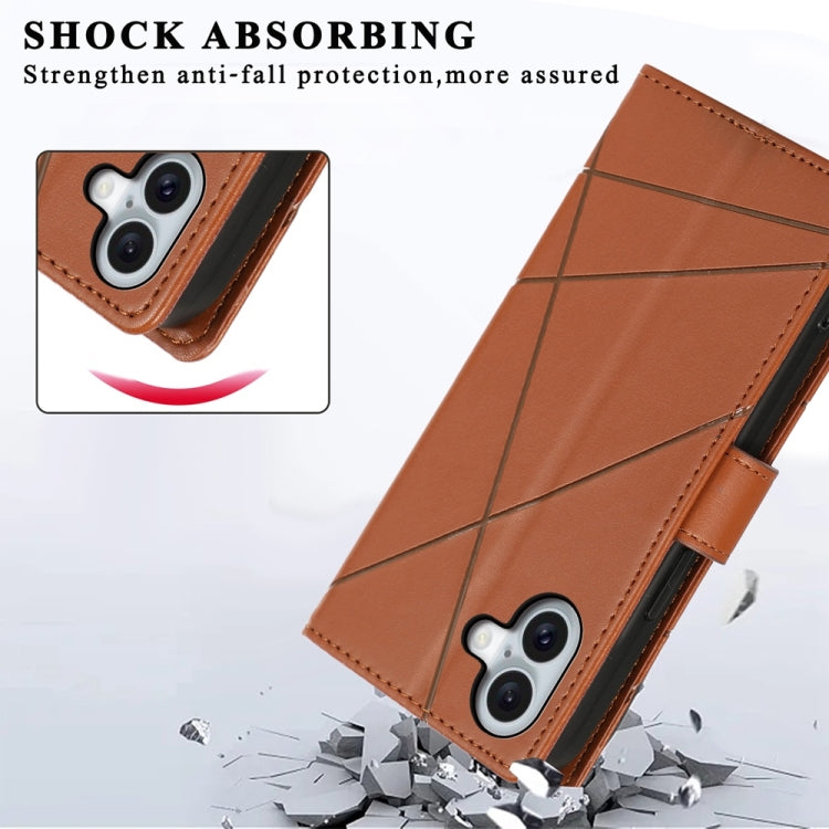 For iPhone 16 Plus PU Genuine Leather Texture Embossed Line Phone Case(Brown) - iPhone 16 Plus Cases by buy2fix | Online Shopping UK | buy2fix